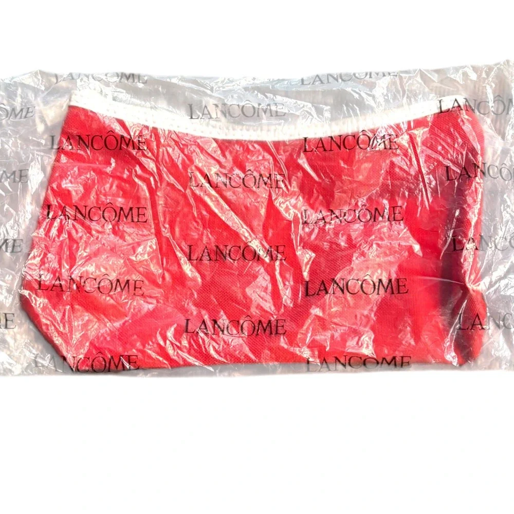 Lancome Red Canvas Makeup Bag Cosmetic Pouch White Zipper Trim Travel Case NEW